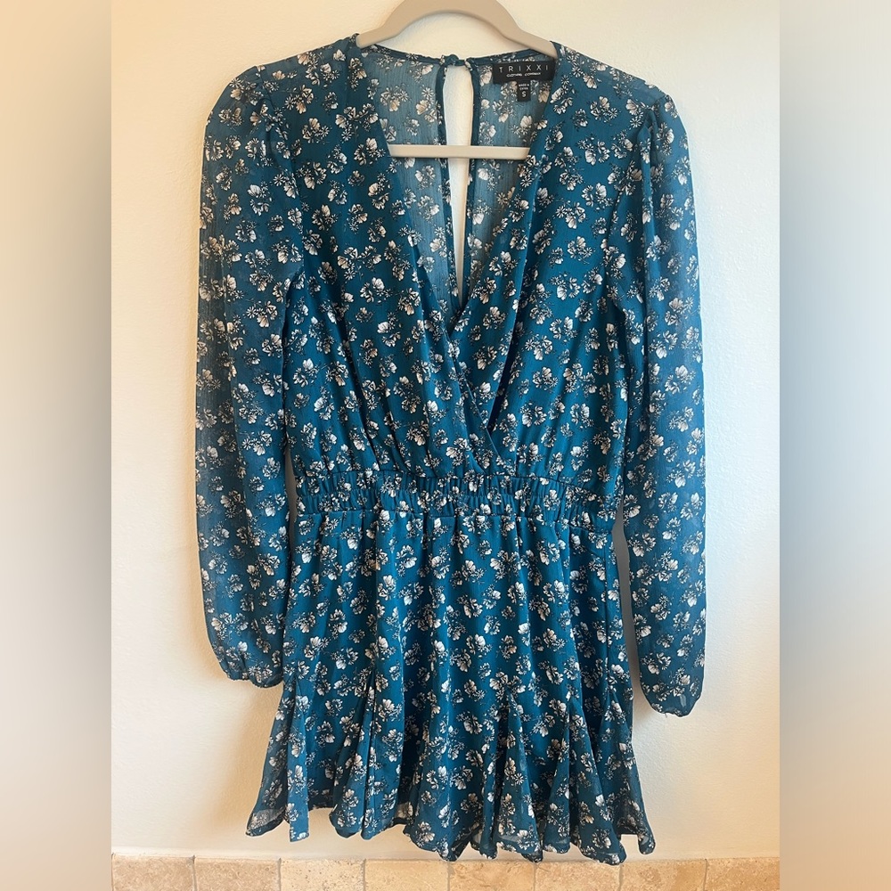 Long Sleeve Blue-Green Floral Patterned Romper